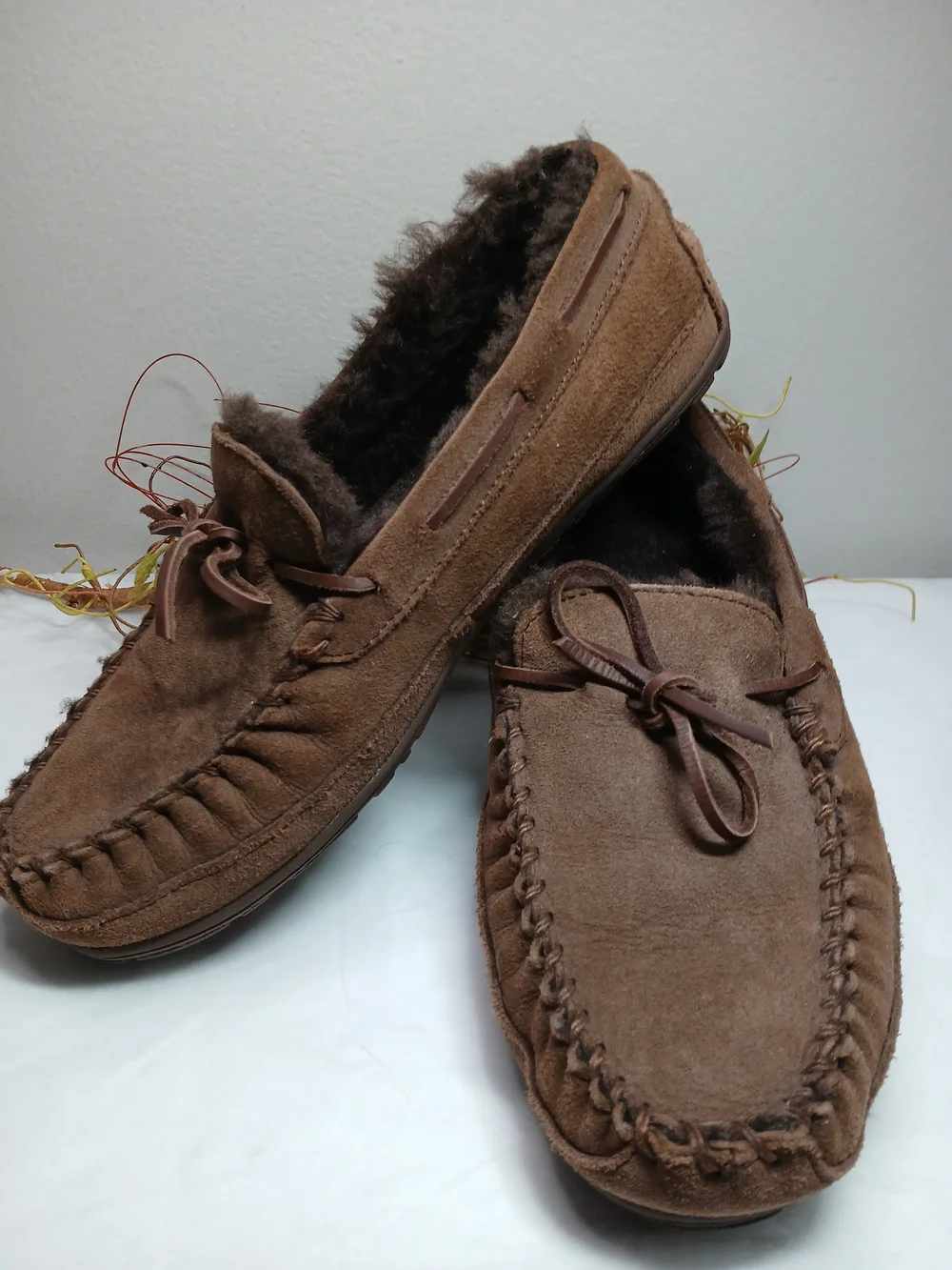 L.L. Bean Brown Suede Moccasin Slip-On Slippers with Faux Fur Lining